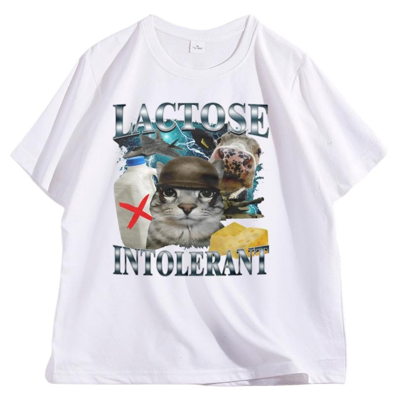 Lactose Intolerant Funny Cat Meme Tshirt Humor Silly Cats Tee Cotton Short Sleeve Round Neck Tshirt Streetwear Loose Clothes