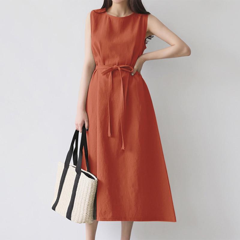 Women's Bohemian Sleeveless Belted Cotton Linen Maxi Dress