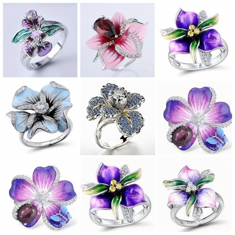 Lucky Star Jewelry Women's Purple/Pink Cherry Blossoms Big Flower Ring For Flower Design Trendy Ring Exaggerated Brand Zircon Ring