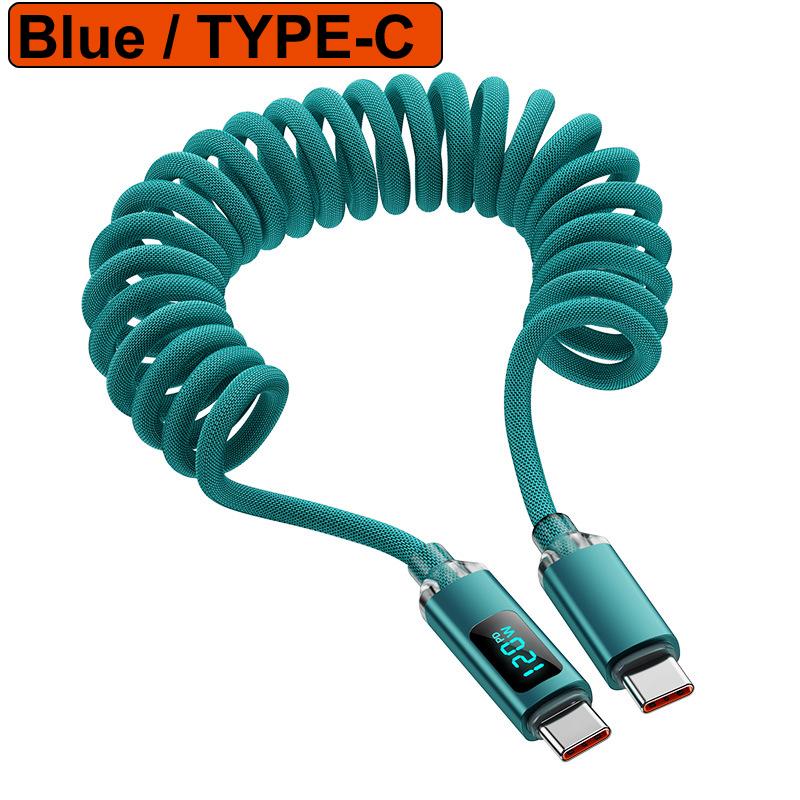 1M/2M 120W Spring Retractable USB A/C Type C To Type C Fast Charging Cable LED Digital Display DATA 480Mbps For Iphone15 16 Sams