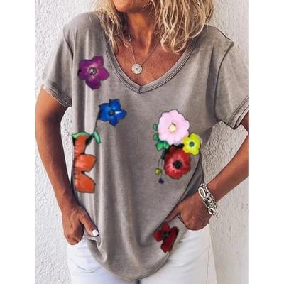 2024 New Floral T-shirt Summer V-neck Top Daily Shirt Fashionable Pullover T-shirt Summer Harajuku Clothes Women's Loose T-shirt