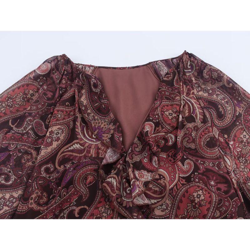 Kaslead New Women Clothes Western Style Fashion With Belt Frill Print V-neck Dress