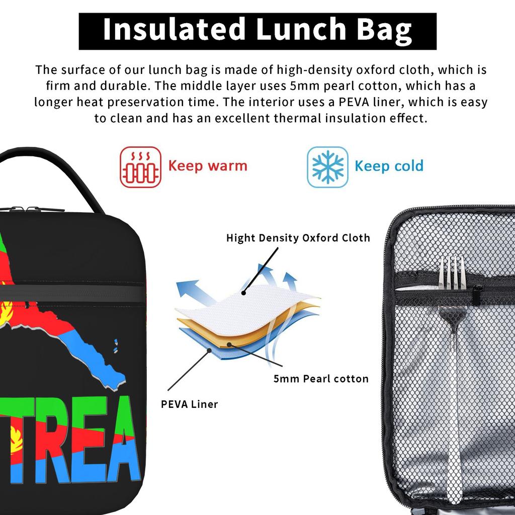 I Love Eritrea Flag in Eritrean Map  Lunch Bag Love Eritrea Flag Map Portable Lunch Box Adult School Cooler Bag Tote Handbags