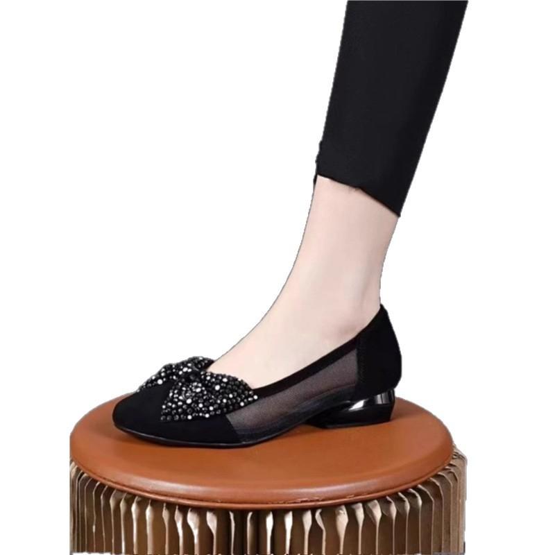 Mesh Breathable Single Shoes Women's 2025 Spring and Summer New Suede Low Heel Bow Doudou Shoes Hollow Sandals Women