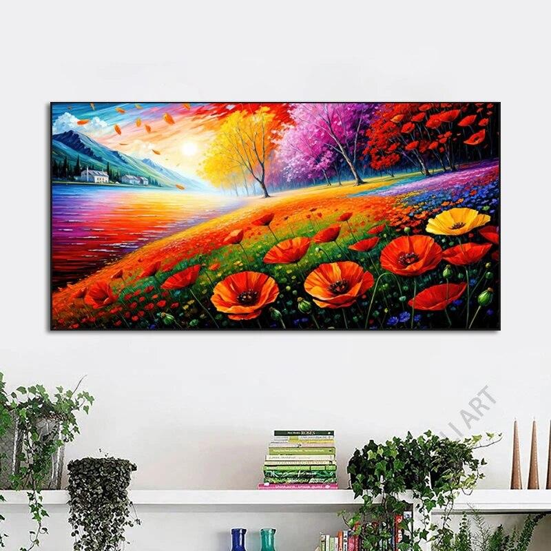 

Летняя картина на холсте с дикими маками, красные маки, цветы, постеры и принты, пейзаж, дерево, настенное искусство для гостиной, без рамки 20x40cm NO Frame коралл красный