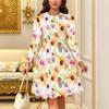 Women Long Sleeve Round Neck Midi Dress Abstract Ink Wash Floral Wave Print Flared Casual Dress