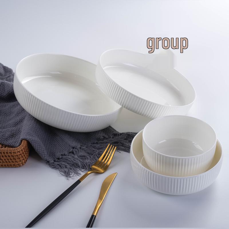Korean Style White Bone China Vertical Stripe Dish - Shallow & Deep Options