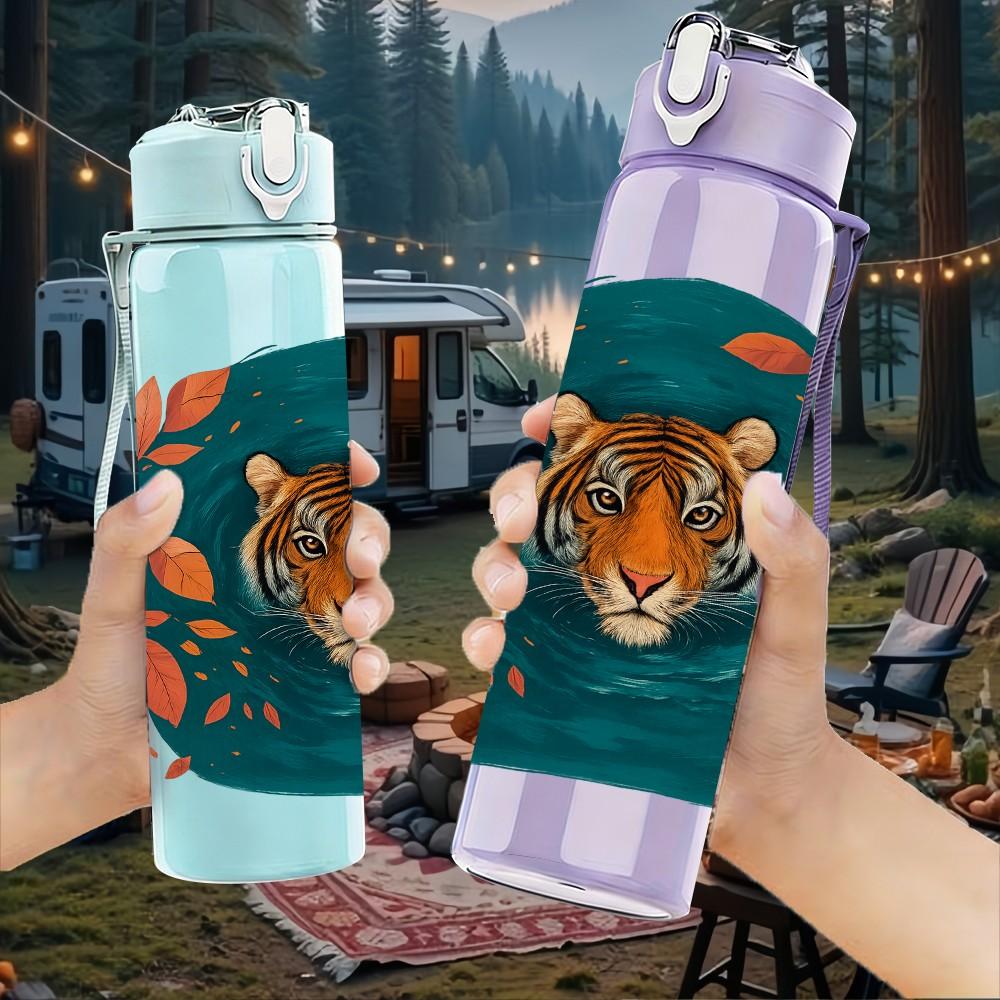 1PC Tiger Head Ethnic Pattern Print 750ml Color Plastic Sports Water Bottle Leakproof Flip Straw Lid Suitable for Sports Office Home Use