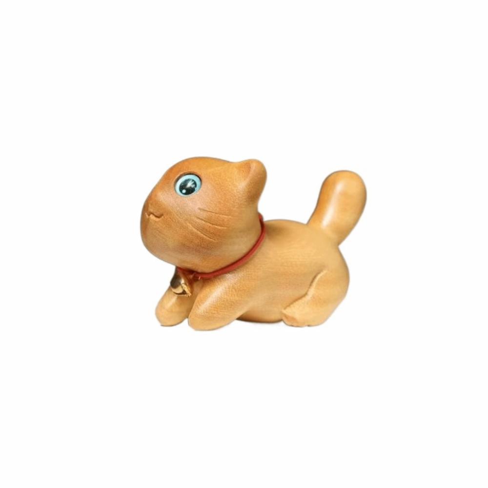 Creative Miniature Wood Cat Statue Handmade Carving Cartoon Animal Statue Cute Natural Lucky Cat Ornaments Desktop