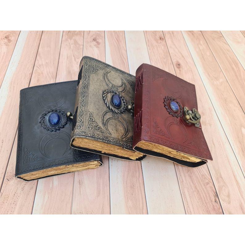 Pack Of 3 book of shadows, Leather Journal, Triple Moon journal, Third Eye Crystal Stone, gift for him, gift for her, Leather Grimoire