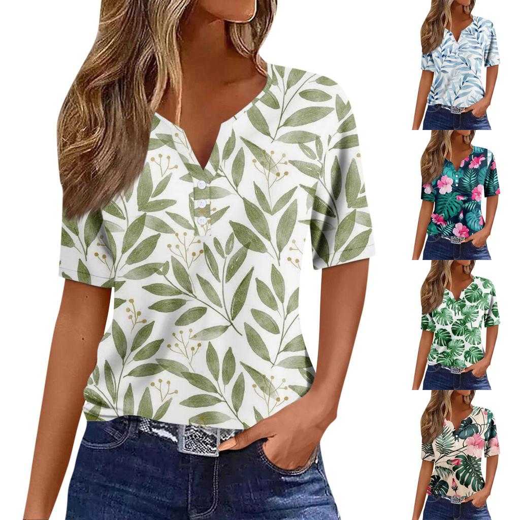 Women's T Shirt Tee Print Button Short Sleeve Daily Weekend Fashion Basic V- Neck Regular Top