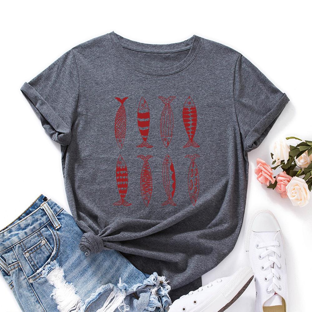 Cotton T-Shirt Short Sleeve Round Neck Women 2d Print Tops