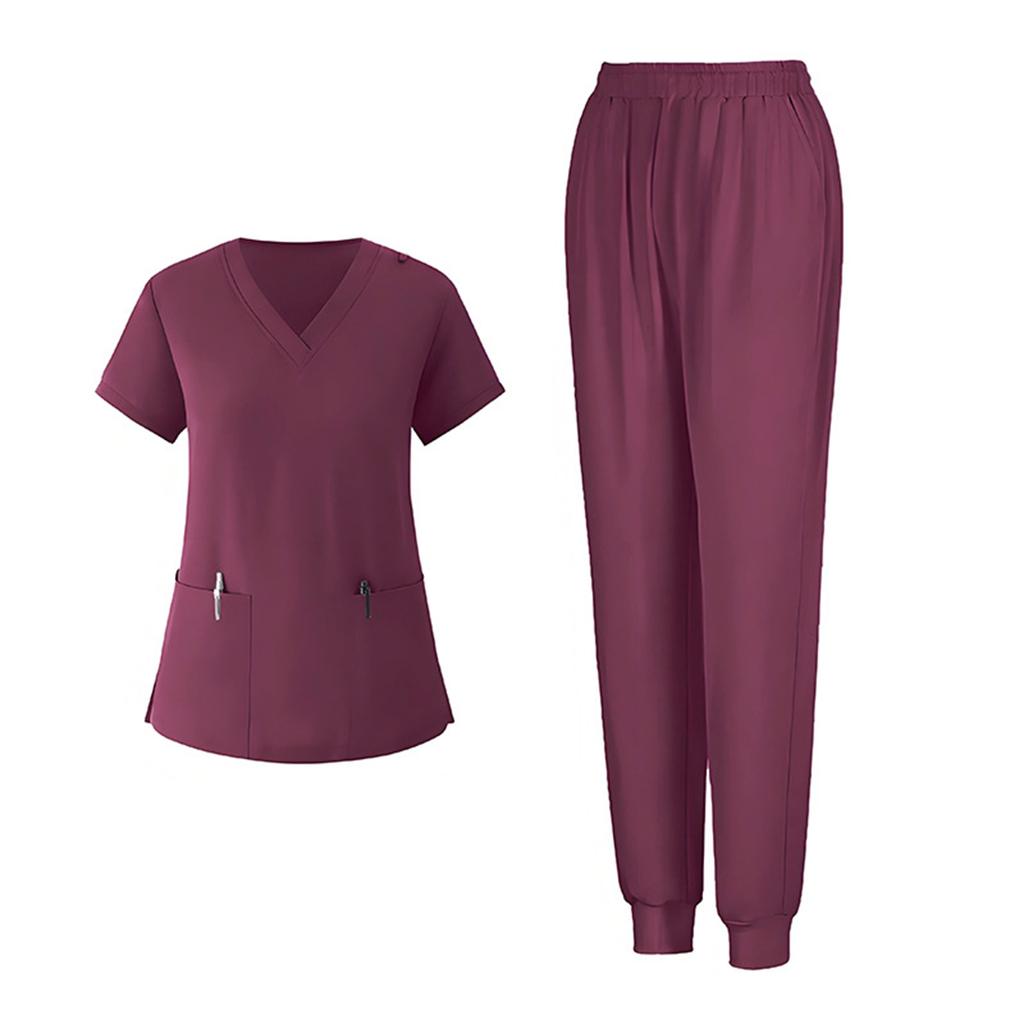Ladies' Loose And Comfortable V-neck Short Sleeved Workwear With Multiple Pockets Suit Set