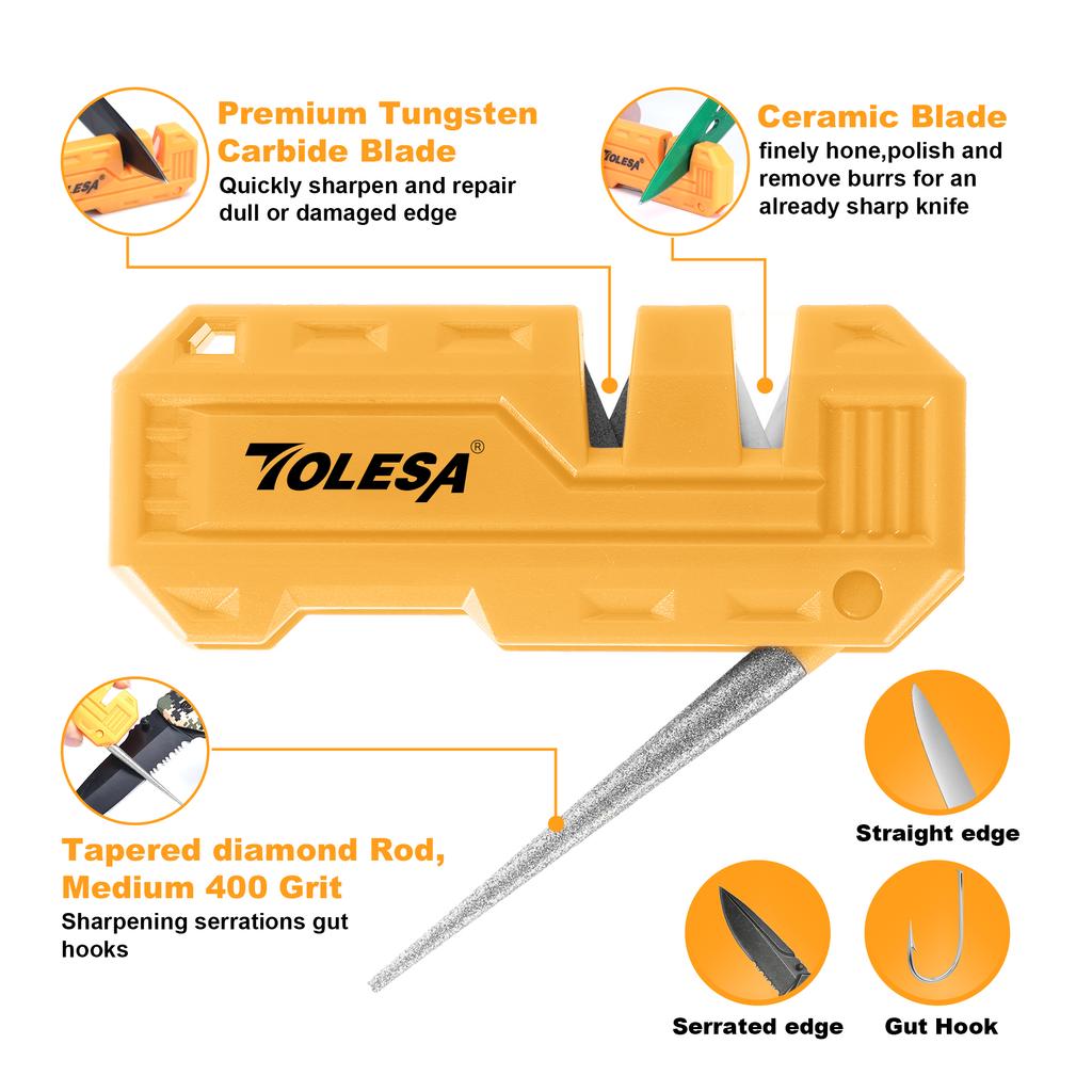TOLESA 3 In 1 Mini Pocket Knife Sharpener with Diamond Sharpening Rod, Quickly Repair, Restore, Hone Straight and Serrated Blade