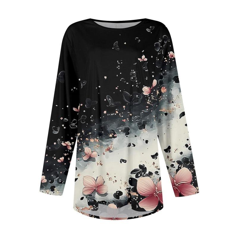 Women's Fashion Large Size Round Neck Long Sleeve Casual Print Loose Pullover Top T-Shirts Women’s