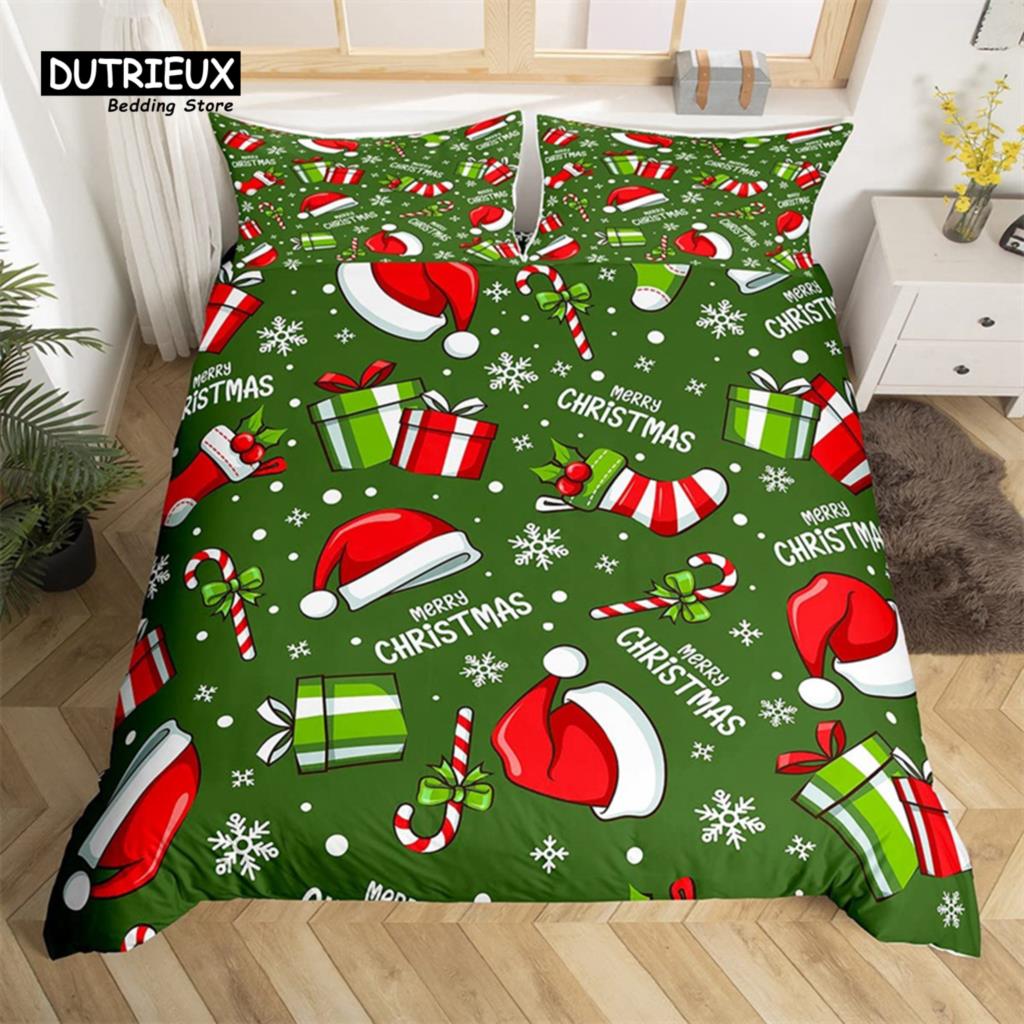 Christmas Duvet Cover Cartoon Snowman Deer Reindeer Bedding Set Twin Size Microfiber Cute Gingerbread Stocking Comforter Cover