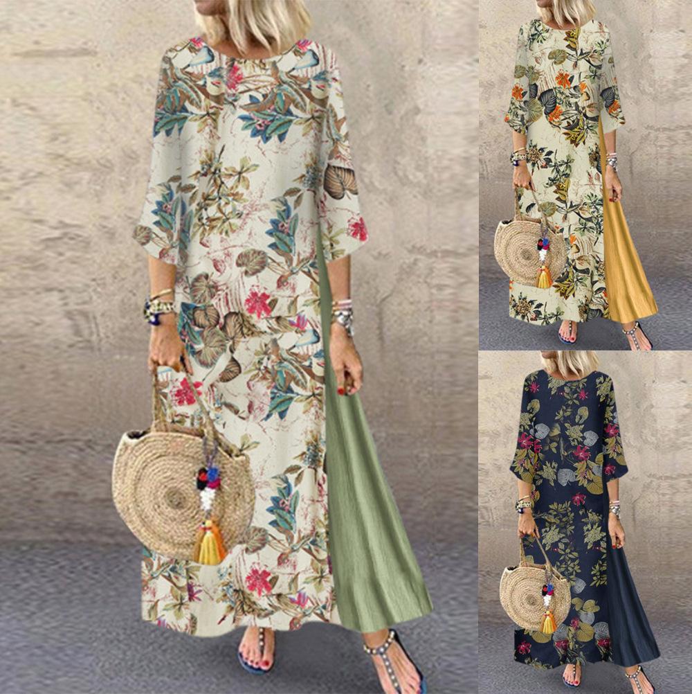 Autumn and Winter Retro Floral Round Neck Stitching Dress Long Sleeve Large Swing Dress Women