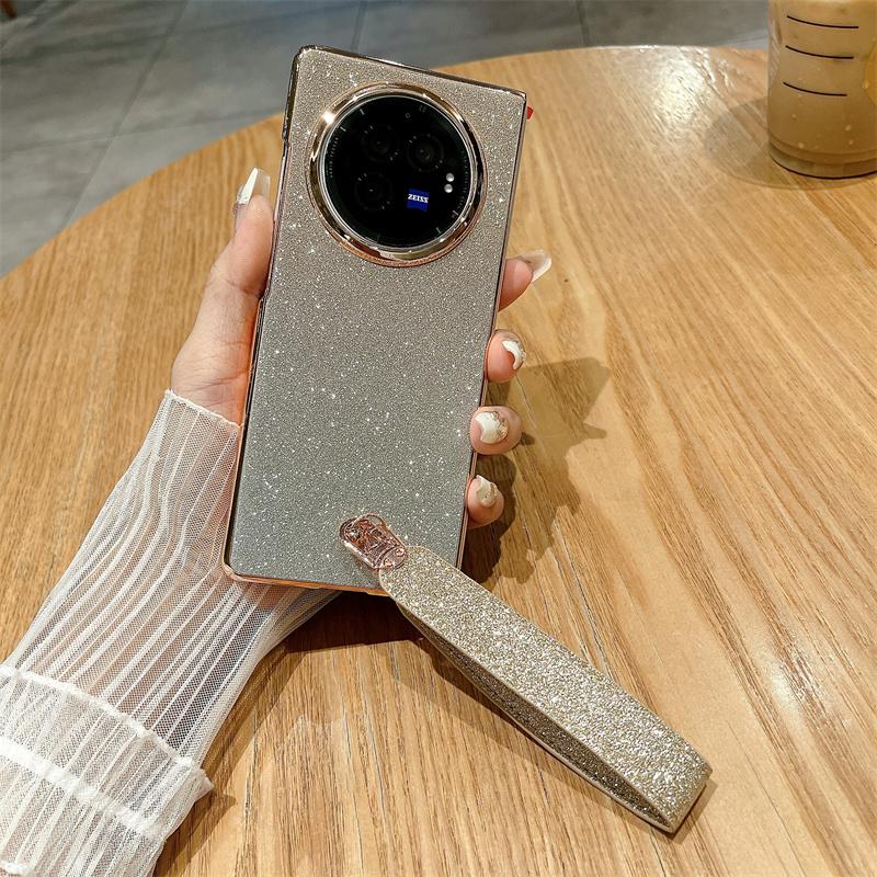 

For vivo X Fold3 Case Hard PC Bling Glitter Phone Cover with Wrist Strap Gradient Gold