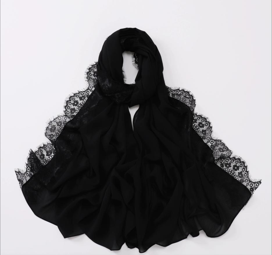 

New Muslim Chiffon Hijab With Lace Muslim Scarf Long Shawls Solid Headscarf Wraps Embroidered Lace Muslim Turban Femme Hijab