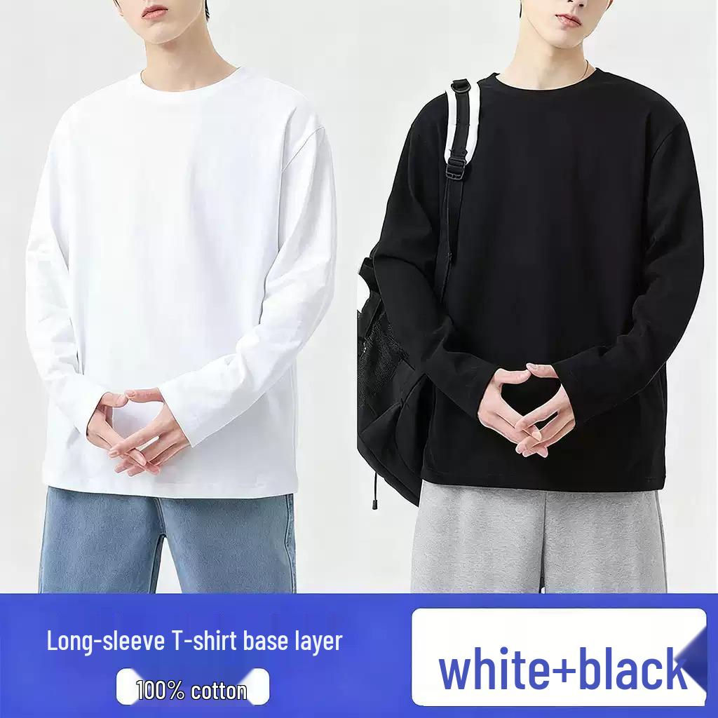 Women's and Men's Pure Cotton Long Sleeve Base Layer T-Shirt, Regular Fit, Round Neck, Solid Color, Autumn Collection, for Couples.