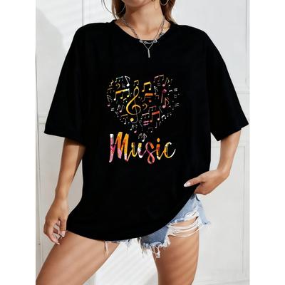 Weißes Oversized T-Shirt Mit Musiknoten Und Buntem Musiktext Für Freizeitkleidung