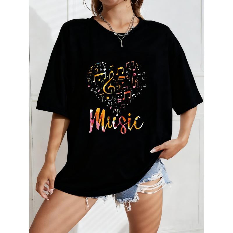 White Oversized T Shirt With Music Notes And Colorful Music Text For Casual Wear