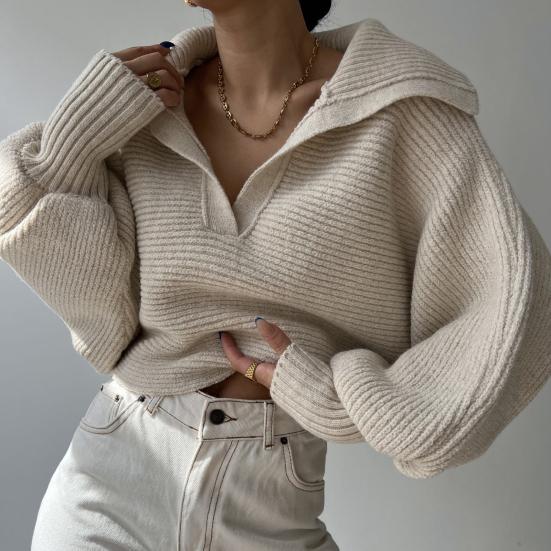Women Knitting Tops Lapel V-Neck Long Sleeve Solid Color Sweater Loose Fit Warm