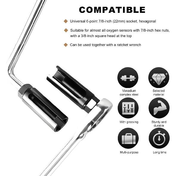 1/2" Drive By 7/8" 6-Point Chrome Vanadium Steel O2 Sensor Socket, Offset Oxygen Sensor Socket For Vehicle O2 Removal Tallation (Large Opening)