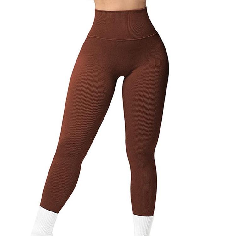 Women High Waisted Yoga Pants Ribbed Seamless Gym Leggings Solid Sport Fitness Running Training Tights Tummy Control Workout Female