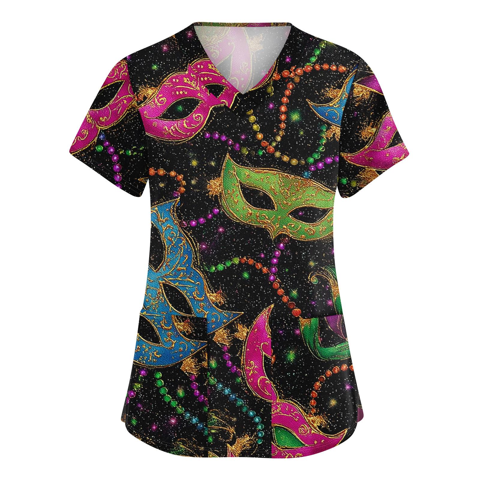 

Women s Cute Printed Work Clothes V-neck Double Layer Pockets Basic Short Sleeve Top Pullover XL киноварь