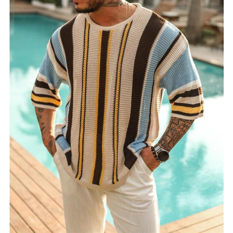 

Men’s Mid Sleeve Crew Neck Striped Knit Sweater 3XL