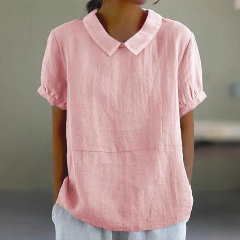 Solid Color Lapel Pullover Shirt Women Summer Short Sleeve Blouse Comfortable Casual Simple Style