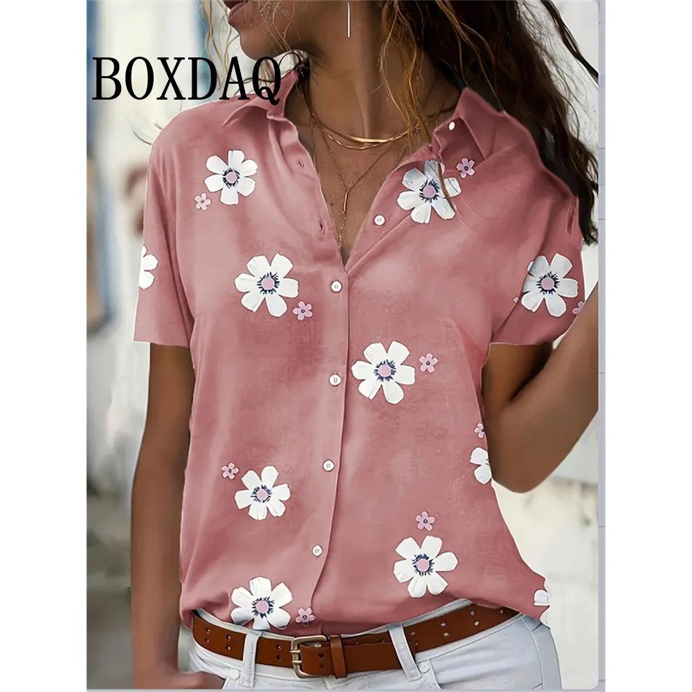 Summer Chic Women's Lapel Short-Sleeved Loose Shirts Spring Single-Breasted Tops Casual Flower Printed Blouses Women's Clothing
