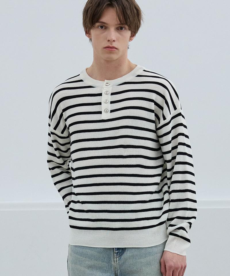 Nod You Button-Point Striped Henley Neck Round Knit T-Shirt [Ivory] M