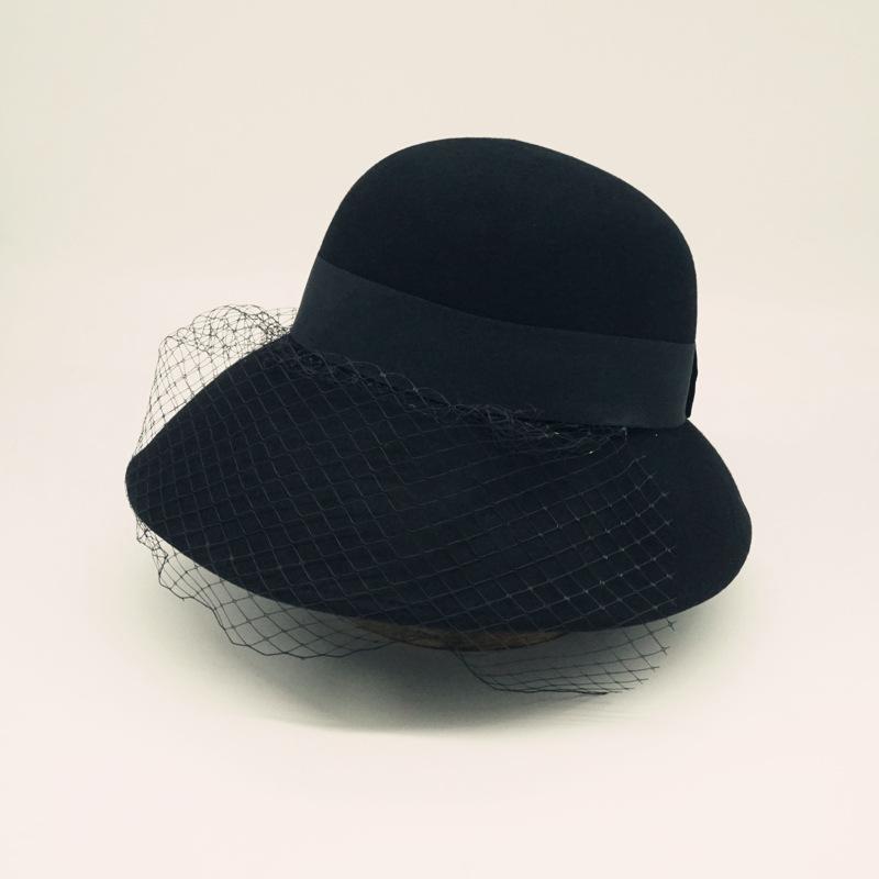 French Retro Mesh Black Woolen Woolen Basin Hat Women'S Autumn And Winter Hepburn Elegant British Versatile Fisherman Top Hat Foreign Trade
