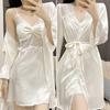 Damen Patchwork Spitze Twinset Robe Set Kimono Bademantel Kleid Sexy Nachtwäsche Nachthemd Dessous Seidiges Satin Home Dress Lounge Wear