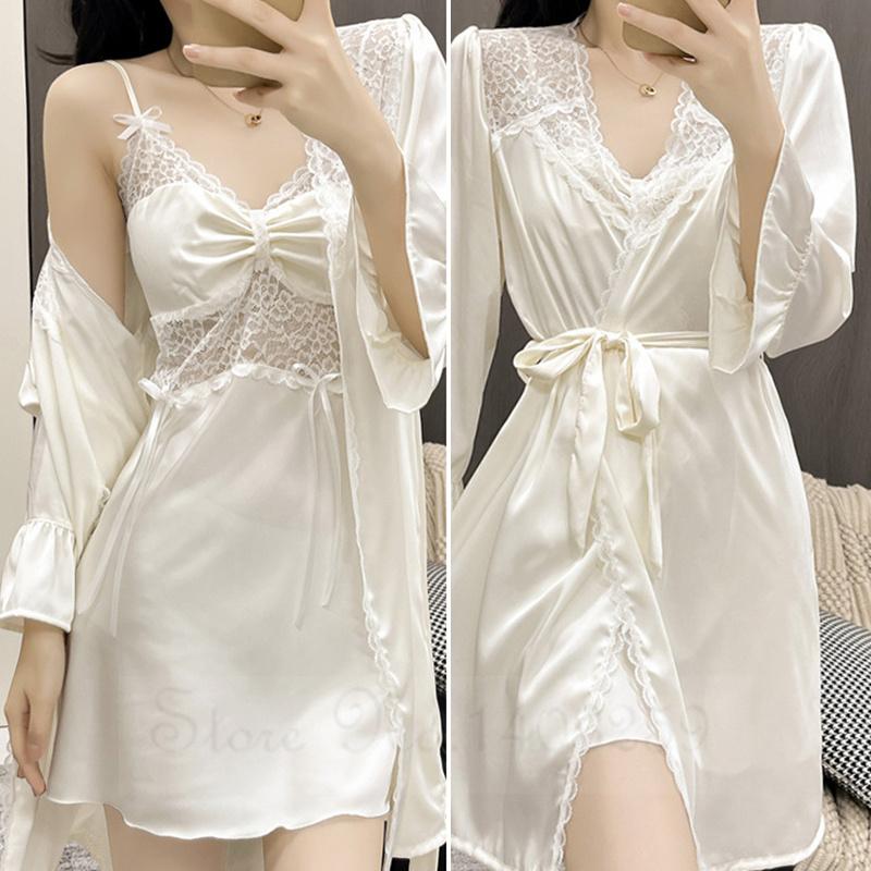 Female Patchwork Lace Twinset Robe Set Kimono Bathrobe Gown Sexy Sleepwear Nightgown Lingerie Silky Satin Home Dress Lounge Wear