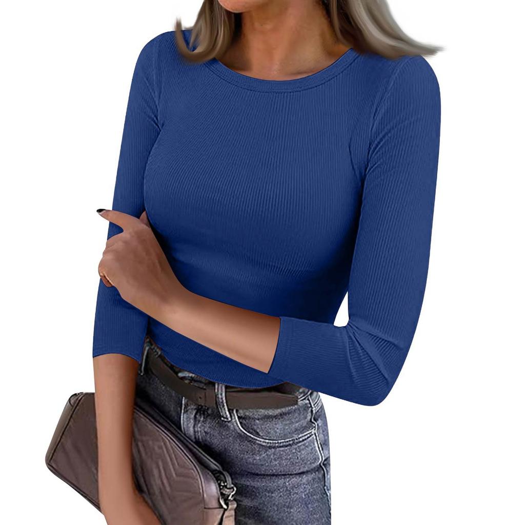 Women's Slim Bottom T-shirt Fashion Casual Color Round Neck Pullover 3/4 Sleeve Top