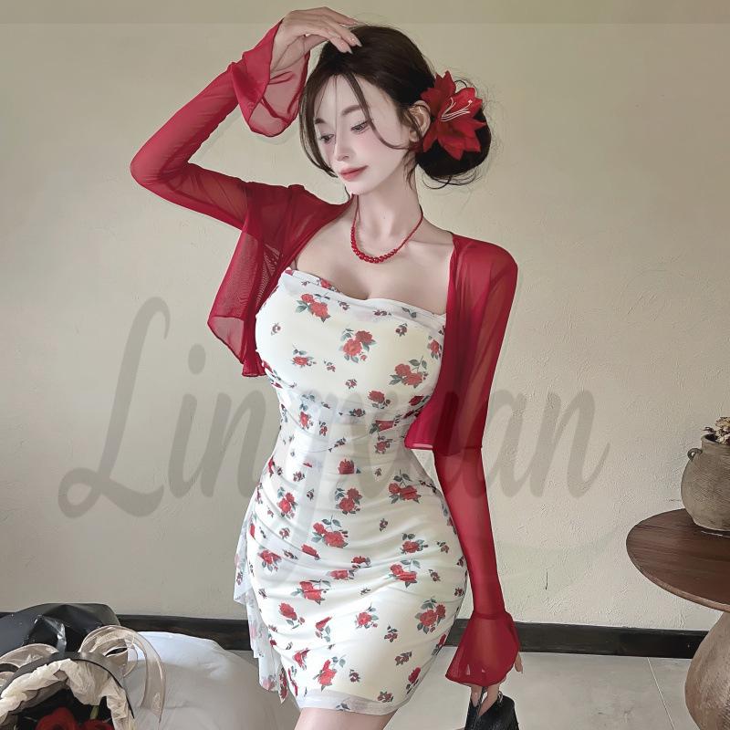 Elegant Korean Floral Strapless Bodycon Dress with Cardigan Small