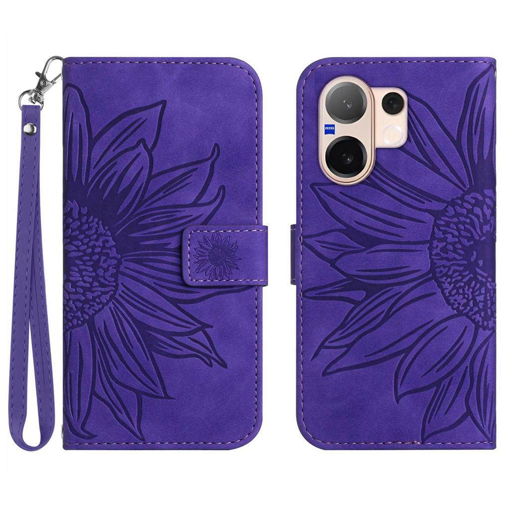 For Vivo V60 5G Case Sunflower Imprint Leather Wallet Phone Cover with Wrist Strap