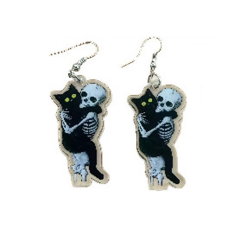 Exaggerated Skull Cat Acrylic Earrings - Unique Halloween Ornament