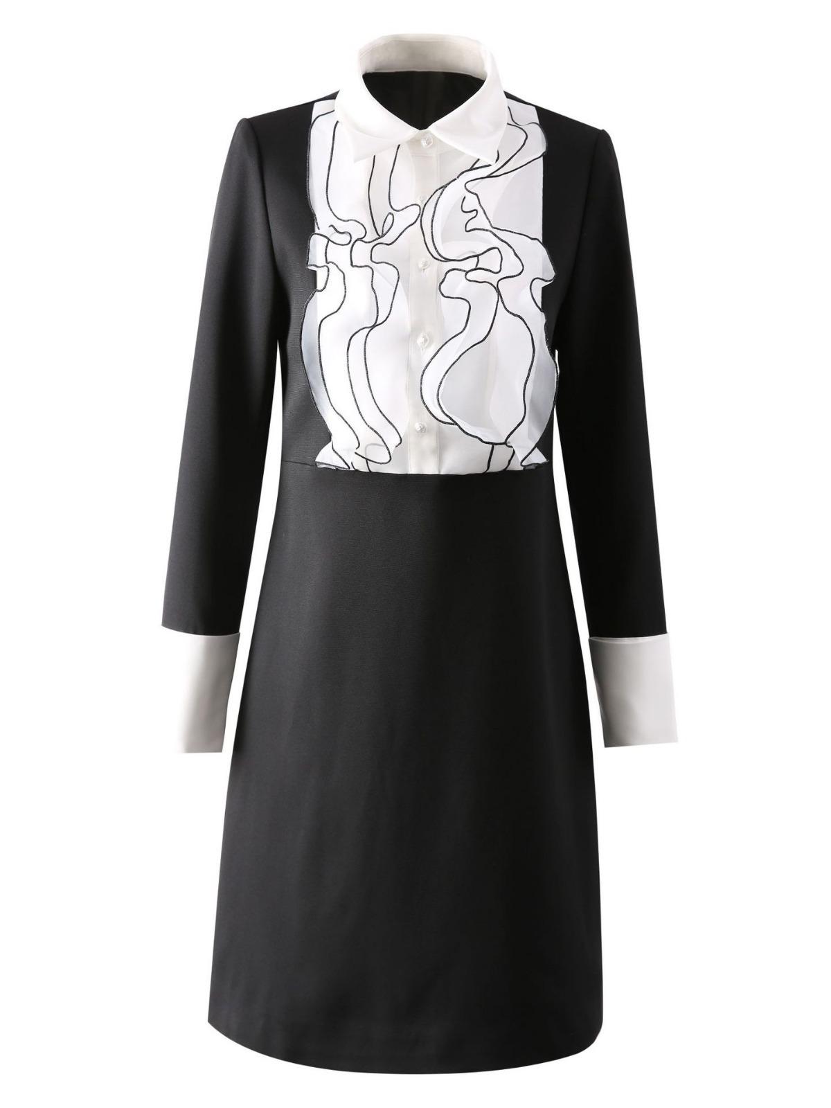 

Guoer Clothing 2024 Весенняя мода: Юбка из органзы черного и белого цвета, бросающая вызов возрасту, с воротником-стойкой и оборкой по краю Large чёрный