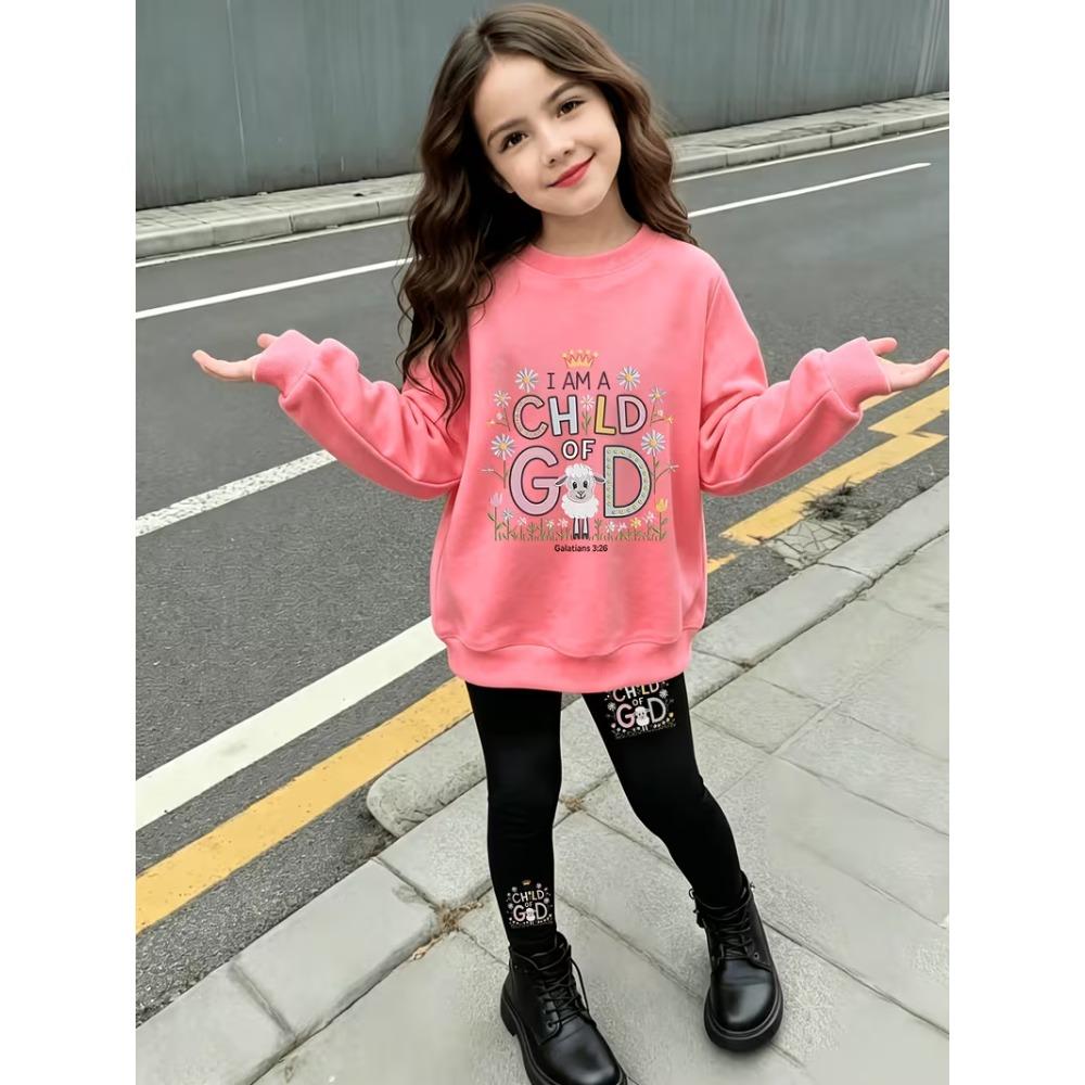 Girls' Child God Letter Casual Comfortable Soft Loose Pullover Sweatshirt and Leggings 2-Piece Set, New Autumn/Winter, Playful, Sweet and Cool Style