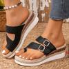 Large-sized Belt-buckle Wedge Heels Flip-flops Women's Hollowed-out Thick-soled Shoes Beach Slippers