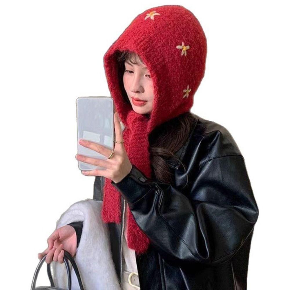 Woolen Fabric Embroidered Flowers Hat Solid Color Warm Neck Collar Winter Season