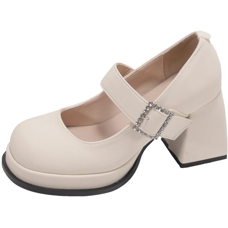 

Модные туфли-лодочки на высоком квадратном каблуке Мэри Джейн с круглым носком и ремешком с пряжкой Женские сумки на распродаже 2025 Высококачественная металлическая отделка Вечерние туфли 39 бежевый