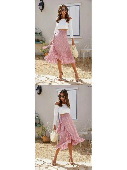 Women's Chiffon Floral Print Irregular Tie-Up Slit Half-Skirt