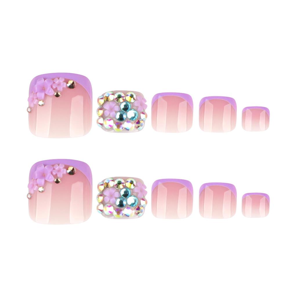 Purple French Toenail Art Stickers with Rhinestones - Short Square Design, Super Sparkle & Wearable