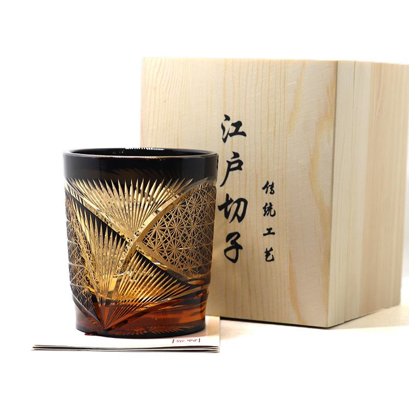 Jinzhi Japanese Edo Cut Crystal Glass Whiskey Wine Glass Engraved Fan Cup Retro Cup Gift Box