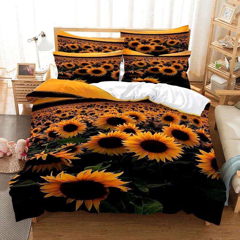 Flower Duvet Cover Set Queen King Size Blooming Golden Flower Twin Bedding Set For Girls Women Vibrant Floral Theme Quilt Cover